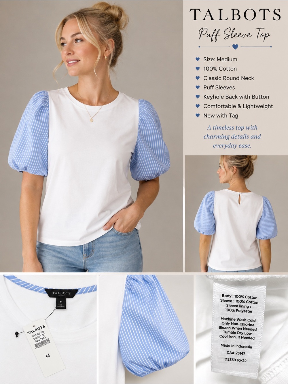 Talbots White Blue Stripe Puff Sleeve Cotton Top Size M NWT